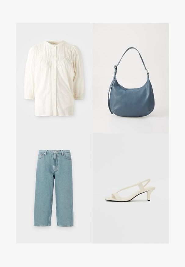 Weiße gerippte Bluse mit Knopfleiste, runder Kragen, plissierten Schultern und langen Ärmeln. Merkmale sind dezente vertikale Streifen und eine lockere Passform.; Hellblaue Denim-Shorts mit hoher Taille, geradem Schnitt und rohem Saum. Verfügt über einen klassischen Knopf- und Reißverschluss sowie vier Taschen.; Beige Blockabsatzsandalen mit dünnen Riemen und quadrater Spitze. Glattes Material mit minimalem Design, entworfen für einfaches Tragen.; Blaue Lederhandtasche mit runder Form, einem Schulterriemen, Reißverschluss und eingeprägtem Markennamen auf der Vorderseite. Glatte Textur.