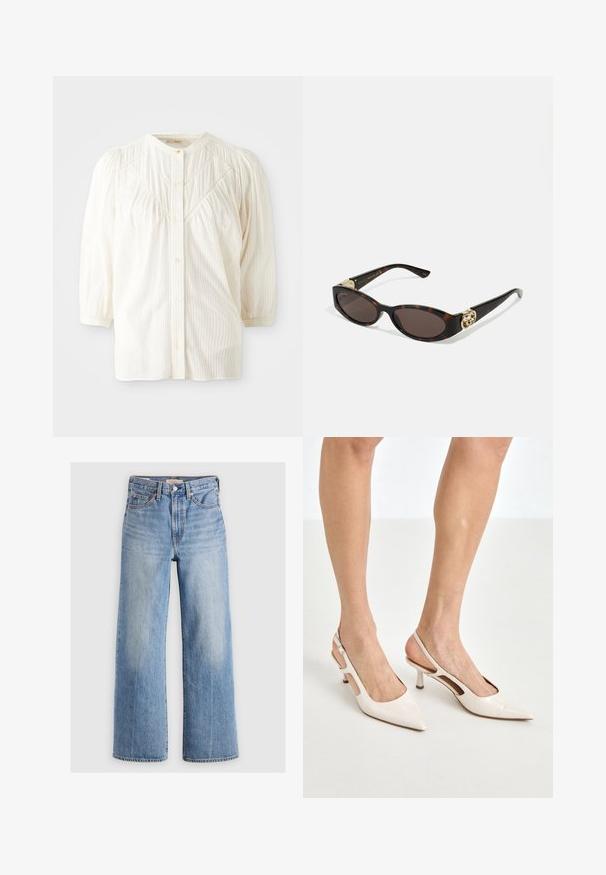 White ribbed button-up blouse with a round collar, pleated shoulders, and long sleeves. Features subtle vertical stripes and a relaxed fit.; Light blue denim wide-leg jeans with a high waist, faded areas, five pockets, and contrast stitching. Classic button and zipper closure.; Beige patent leather slingback heels with a pointed toe and 5 cm heel, featuring cut-out sides and a thin ankle strap.; Tortoiseshell sunglasses with elongated oval lenses, brown tint, gold logo accents on temples, and sleek black arms.; Beige patterned handbag with a curved shape, leather accents, and a gold-tone logo on the front. Features a short handle for easy carrying.
