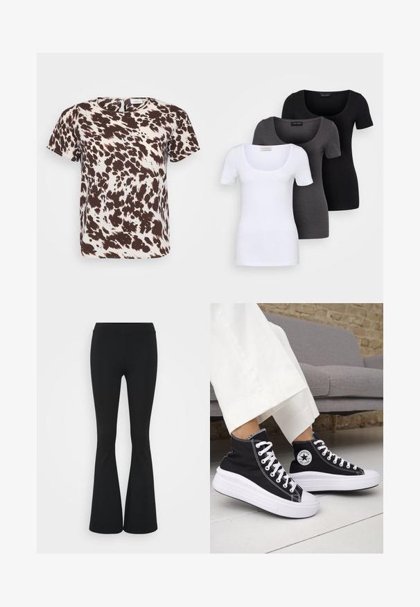 Kortermet bluse med et brunt og kremmønstret abstrakt design som minner om kupletter, med rund hals og avslappet passform.; Tre figurerte T-skjorter i hvit, grå og svart. Hver har en bred scoop-nakke og korte ermer. Laget av glatt, elastisk stoff.; Svarte flared bukser laget av elastisk stoff, med høy midje og en glatt tekstur. Buksene vidder ut fra kneet.; Svarte høye sneakers med hvite gummisåler og lisser. Har et rundt logo-merke og kontrasterende hvite sømmer. Laget av lerret.