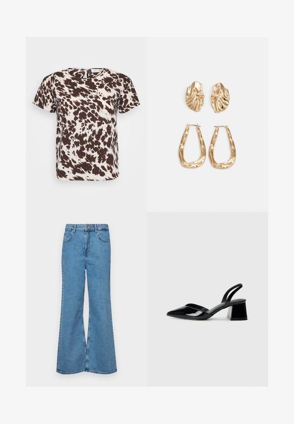 Kortermet bluse med et brunt og kremmønstret abstrakt design som minner om kupletter, med rund hals og avslappet passform.; Lyseblå vide jeans laget av denim, med høyt liv, fem lommer og en enkelt knappelukking. Myk tekstur med falmet finish.; Svarte patentlær slingback hæler med spiss tå og geometrisk blokk hæl. Har et stilrent, minimalistisk design og jevn tekstur.; Gullfargede øredobber med teksturerte, bølgete former. Inkluderer skulpturelle klipsstuds og åpen hoop-design med en hamret finish.