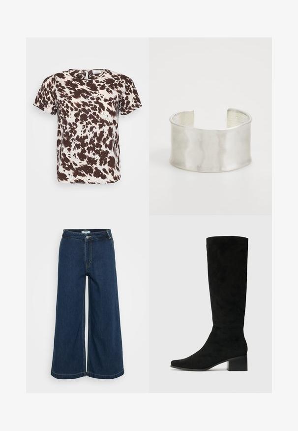 Trumpetų rankovėmis bluzonė, kurią puošia ruda ir kreminė abstrakti tekstūra, primenanti karvės dėmeles, su apvaliomis kaklo iškirpėmis ir laisvu siluetu.; Tamsiai mėlyni plačių kojų džinsai. Su sagos uždarymu, penkiomis kišenėmis, šviesiu siuvinėjimu ir lygiu paviršiumi.; Kelnaičių aukščio juodi zomšiniai batai su smailiu nosiu ir masyviu kvadratiniu kulnu, pasižymintys lygiu paviršiumi ir minimalistiniu dizainu.; Zign Apyrankė - silver-coloured