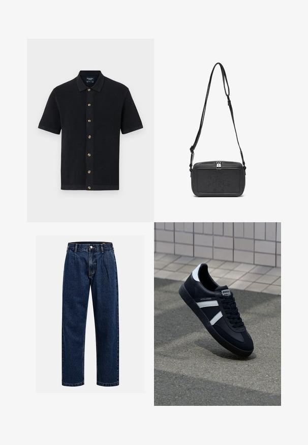 Marineblaues Polohemd mit kurzen Ärmeln aus strukturiertem Stoff, Kragen und braunen Knöpfen entlang der Vorderseite. Glatter Saum und kontrastierender Besatz.; Dunkelblaue Denim-Jeans mit geradem Bein. Mit sichtbaren Nähten, einem Knopfverschluß und Frontfalten für zusätzliche Details.; Schwarze Leder-Sneaker mit weißen Streifen, strukturiertem Gummisohle und Schnürung. Verfügt über ein Markenetikett auf der Zunge.; Schwarze Leder-Crossbody-Tasche mit einem Reißverschluss, geprägtem Logo auf der Vorderseite und verstellbarem Riemen. Glatte Textur mit rechteckiger Form.