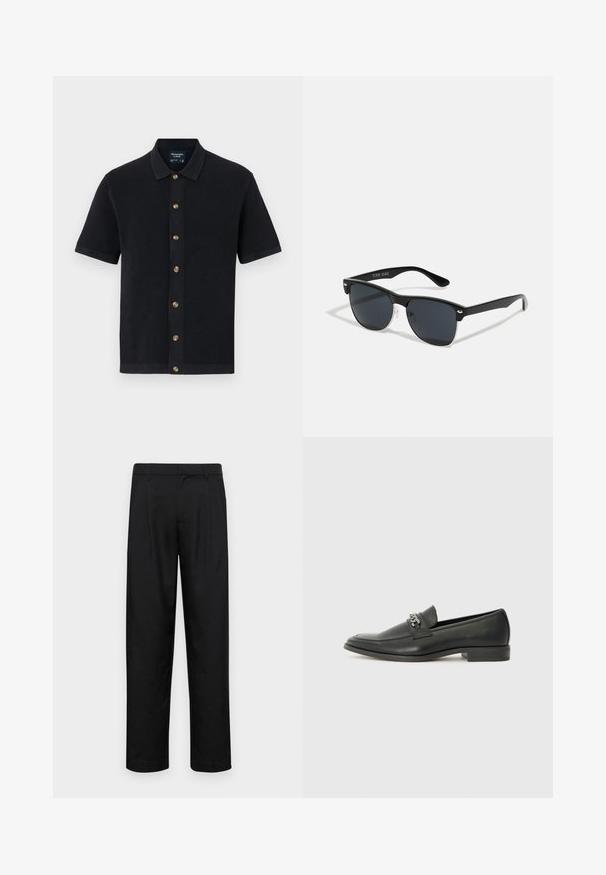 Polo a maniche corte di colore navy con tessuto strutturato, colletto e bottoni marroni lungo la parte anteriore. Orlo liscio e bordature a contrasto.; Pantaloni neri realizzati in tessuto liscio, caratterizzati da un taglio dritto, due pieghe frontali e una vita standard con passanti per la cintura.; Mocassino in pelle nera con finitura liscia, caratterizzato da un design cucito e da un accento decorativo in catena metallica sul vamp. Tacco piatto.; Occhiali da sole neri con forma rettangolare, lenti scure, dettagli in argento alle tempie e finitura opaca sulla montatura.