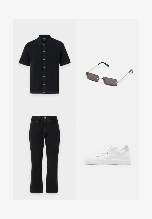 Mørkeblå kortærmet polo-shirt med tekstureret stof, krave og brune knapper foran. Glat kant og kontrasterende detaljer.; Sorte denim jeans med lige ben, fem lomme-design og metalhardware med kobberdetaljer. Glat tekstur og mellem høj midt.; Hvide lædersneakers med en glat finish, rund tå, flade snørebånd og en struktureret sål. Grå ruskindsdetalje ved hælen.; Solbriller med rektangulære, mørke grå linser, sølv metalrammer og sorte plastiks spidser på stængerne. Letvægtsdesign med næsepuder.