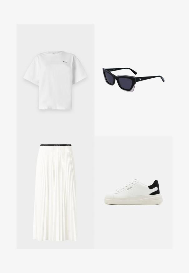 Camisa de t-shirt branca em algodão, com mangas curtas, apresentando um corte descontraído e o logótipo preto "Barbour" no lado esquerdo da frente.; Saia plissada branca com uma cintura elástica preta que apresenta o logótipo "LACOSTE". Design de comprimento médio com textura suave.; Sapatilhas brancas de couro com uma sola branca espessa, detalhe em camurça preta no calcanhar e logótipo em relevo na lateral. Design com atacadores e seis ilhós.; Óculos de sol oversized pretos com forma geométrica, apresentando lentes escuras e um detalhe cinza em contraste na armação. Logotipo na haste.