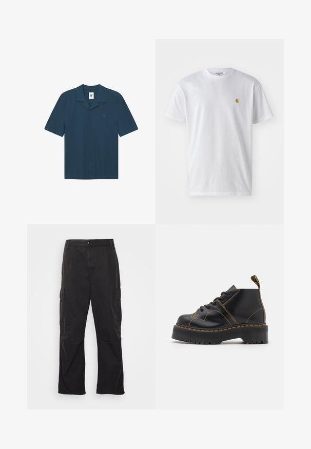 Īsām piedurknēm, tumši zilā krāsā pogājama krekls, izgatavots no viegla auduma. Iezīmēts ar plakanu apkakli, vienu krūšu logo un taisnu griezumu.; Balta kokvilnas t-kreklu ar īsām piedurknēm, apaļu kakla izgriezumu, ar mazu zelta logotipu kreisajā krūšu pusē. Mīksta tekstūra un regulāra piegriezuma.; Melni kargo bikses ar taisna kāju dizainu, kurām ir divas sānu kabatas, pogu aizdare un teksturēta auduma virsma.; Melnas potītes zābakus ar biezu, rievotu zoli, kontrastējošām dzeltenām šuvēm un vilkšanas cilpu papēdī. Gluda ādas materiāls.