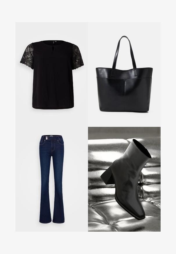 Must must ümarate kudumitega, lühikeste pitsilisandustega varrukatega, ümar kaelus, millel on võtiava detail ning lõtv sobivus. Sile kangas lillelise pitsiga kaunistuste jaotuses.; Tumedad sinised laiad teksapüksid, millel on kõrge talje, kaks eesmist taskut ja kaks nööbikinnitust. Valmistatud siledast denimist.; Must musta narmand, läikiva materjali ja ruudukujulise varbaga ning kitseneva kontsaga, paigutatud läikiva hõbedaselt tuftitud tausta ette.; Must mustaga musta nahast, millel on kaks pikka kanda, sile tekstuur ja struktureeritud kuju. Esipoolsel on lisakoti jaoks tasku.; Hõbedased metallkõrvarõngad lainelise, skulpturaalse disainiga, millel on poleeritud viimistlus ja ebaregulaarsed kujundid, rõhutades kaasaegset esteetikat.