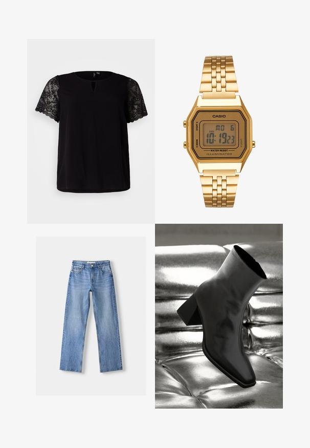 Sort top med korte blonderærmer, rund hals med nøglehul detalje og en afslappet pasform. Glat stof med blomsterlacemateriale.; Lysblå denim jeans med lige ben design, der har fem lommer, en frontknaplukning og subtil falmning for tekstur.; Sorte ankelstøvler lavet af glossy materiale med firkantet tå og spidse hæle, sat mod en skinnende sølv tuftet baggrund.; Guld digitalt ur med rektangulært urglas, LCD-display, rustfrit stålarmbånd og knapper på siden. Har et vandtæt mærke.; Sølvmetal øreringe med et bølgende, skulpturelt design, der har en poleret overflade og uregelmæssige former, hvilket fremhæver en moderne æstetik.