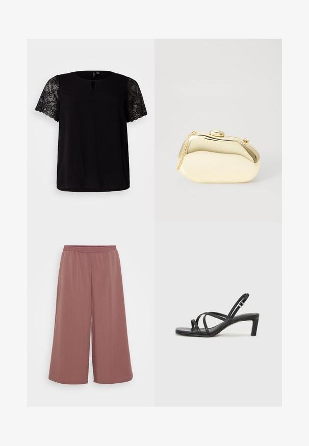 Svart topp med korte blondererm, rund hals med nøkkelhulldetalj og avslappet passform. Glatt stoff med blomsterblonde detaljer.; Videbukser i et blødt, struktureret stof med elastisk linning. Farven er en dæmpet rosafarve, som fremhæver den lette silhuet.; Sorte sandaler med stropper, firkantet tå og lav blokk hæl. Har flere tynne stropper og en justerbar ankelstropp. Laget av glatt lær.; Metallisk gull clutch med en glatt, rund form, med en toppknapp-lås og et lite kjede for bæring.