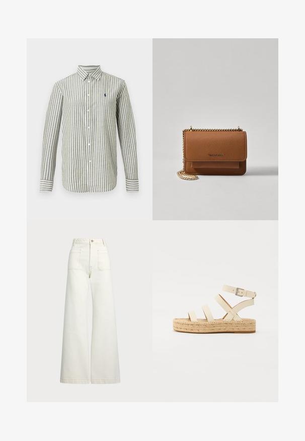 Camisa de manga comprida às riscas verdes e brancas com gola, fecho de botões e pequeno logótipo no peito. Material de algodão, acabamento texturado.; Jeans de perna larga em denim off-white. Design de cintura alta com fecho de botão, dois bolsos frontais e detalhes de costura em contraste.; Sandal com tiras cruzadas, em couro bege claro, com fivela no tornozelo, apresentando uma sola de plataforma em juta trançada e底 de borracha plana.; Bolsa crossbody de couro texturizado castanho com alça de corrente dourada e fecho com aba. A parte da frente apresenta detalhe do logótipo e um bolso sob a aba.