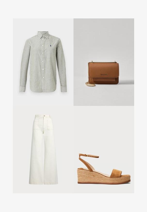 Zeleno-biele pásikavé tričko s dlhým rukávom, golierom, zapínaním na gombíky a malým logom na hrudi. Bavlnený materiál s textúrovaným povrchom.; Džínsy s širšími nohavicami v off-white denim. Vysoký pás s gombíkovým zapínaním, dve predné vrecká a kontrastné švy.; Hnedé semišové sandále na wedges s širokým pruhom na prstoch, nastaviteľným remienkom na členku a tkaným jútovým podošvom. Ploché podrážky s textúrovaným povrchom.; Hnedá textúrovaná kožená taška cez telo s zlatým reťazovým popruhom a preklopným uzáverom. Predná strana obsahuje detail s logom a vrecko pod preklopkou.