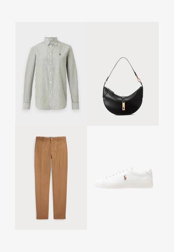 Zelena i bijela prugasta košulja s dugim rukavima, ovratnikom, zatvaranjem na gumbe i malim logotipom na prsima. Materijal od pamuka, teksturirani završetak.; Smeđi pamučni hlače slim-fit kroja, ravnog prednjeg dijela i standardnih džepova; glatka tekstura i obrubljene manžete.; Bijele kožne tenisice, niskog kroja, s glatkom teksturom, okruglim vrhom, vezanjem sprijeda i malim izvezenim logom sa strane.; Crna kožna torba u obliku polumjeseca. Ima zlatne akcentne detalje i usku traku. Glatka tekstura, zatvaranje na rajsferšlus na vrhu.