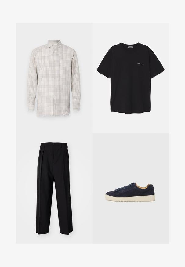 Langermet skjorte i lys beige med rutete mønster. Har spredt krage og knappelukking, med gullfargede knapper og en avslappet passform.; Svart bomull T-skjorte med rund hals, korte ermer, og hvit logo trykk på venstre bryst. Enkel, ensfarget design.; Sorte plissert bukser med en rett, bred benform. Laget av glatt stoff, med knappelukking og beltehemper.; Marineblå semsket lav sneaker med rund tå, off-white gummisåle og matchende snørebånd; har en kontrasterende tan indvendig foring.