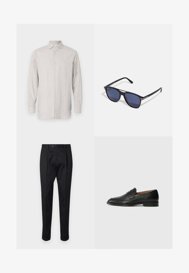 Dolga majica s dolgimi rokavi v svetlo bež barvi s karirastim vzorcem. Ima širok ovratnik in gumbke, z gumbi v zlatem tonu ter sproščen kroj.; Črne hlače iz gladkega materiala, z zavihkom spredaj, gumbom za zapiranje in zvitim robom ob gležnjih.; Črne usnjene loferice z zaobljenim prstom, subtilnim šivanjem in nizkim petam, ki se odlikujejo po gladki teksturi in minimalističnem oblikovanju.; Sončna očala s črnim plastičnim okvirjem, modrimi lečami, rahlo zaobljenih oblik in s srebrnimi kovinskimi poudarki na ušesnih delih.