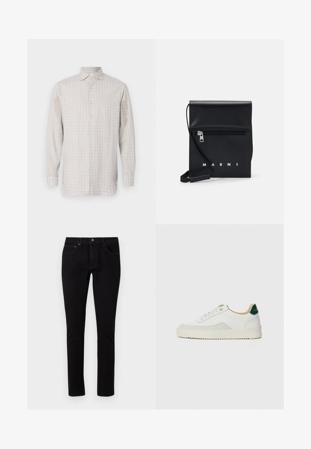 Langärmig overhemd in lichtbeige met een geruit patroon. Beschikt over een gespreide kraag en knoopsluitingen, met goudkleurige knopen en een ontspannen pasvorm.; Zwarte denim jeans met een slim fit, voorzien van een standaard tailleband, vijf zakken en metalen hardwareaccenten. Glad, licht elastisch materiaal.; Witte sneaker met suède accenten, ronde neus, platte veters en een crème rubberen zool. Bevat groene branding op de hiel.; Zwarte leren schoudertas met een ritsvak aan de voorkant, reliëflogo en verstelbare schouderband. Soepele textuur met een gestructureerde vorm.