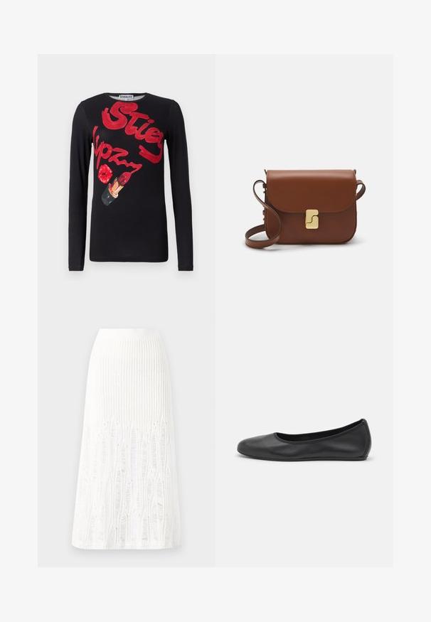 T-shirt preta de manga longa com uma impressão gráfica apresentando texto vermelho e uma ilustração de batom. Material de algodão suave, design clássico com decote redondo.; Saia midi branca de malha com um padrão texturizado com linhas verticais e detalhes recortados perto da bainha. Cintura elástica. Material suave.; Bailarina preta em pele com bico arredondado, textura suave, detalhe de costura minimalista e design de sola flexível.; Bolsa de couro castanho com fecho de aba, decoração em tom dourado, alça de ombro e textura suave. Formato retangular compacto.