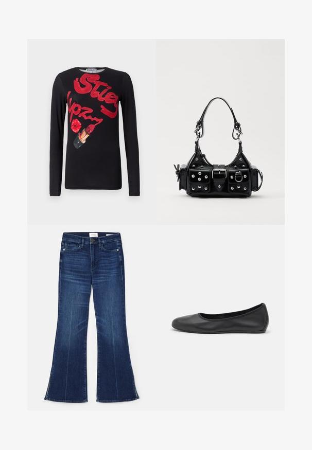 Pitkähiha musta T-paita, jossa on graafinen printti, joka sisältää punaista tekstiä ja huulipunapiirroksen. Sileä puuvillamateriaali, klassinen pyöreä kaula-aukko.; Tummansiniset leveälahkeiset farkut, jotka on valmistettu denimmateriaalista. Ominaisuuksiin kuuluu korkea vyötärö, etupocketit ja halkiokohdat helman kohdalla. Klassinen viiden taskun muotoilu.; Musta nahkainen ballerina, jossa on pyöristetty kärki, sileä pinta, minimaalinen ommelkoristelu ja joustava pohjamuotoilu.; Musta nahkainen käsilaukku, jossa on kaareva muotoilu, hopeiset niitit, solki ja kaksi sivutaskua. Säädettävä olkahihna erilaisiin kantovaihtoehtoihin.