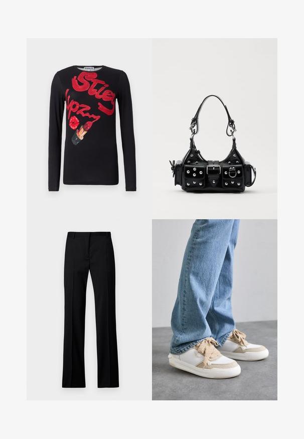 Melna T-kreklu ar garām piedurknēm ar grafisku druku, kurā ir sarkans teksts un lūpu krāsas ilustrācija. Gluda kokvilnas auduma materiāls, klasiskā apaļā kakla dizains.; Melni taisni bikses gludā audumā, ar plakanu priekšpusi, jostas cilpām un bez redzamām kabatām vai rotājumiem.; Baltas un bēšs sporta apavi ar teksturētām paneļiem, ar bēša krāsas šņorēm un gumijas zoli, apvienoti ar gaiši ziliem džinsiem.; Melnas ādas rokturmais ar izliekumu, ar sudraba iedurtiem, sprādzi un divām sānu kabatām. Regulējams siksniņas garums dažādām nēsāšanas iespējām.