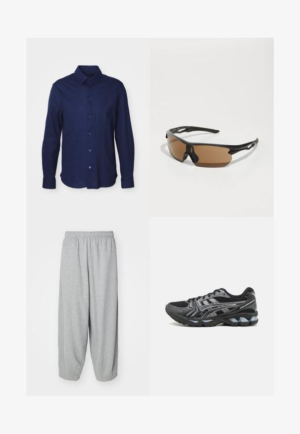 Dolgime sleve v temno modri barvi, izdelan iz mehkega blaga. Ima klasičen ovratnik, zapiranje na gumb in zaobljen rob.; Bela bombažna majica s kratkimi rokavi, okroglim ovratnikom in subtilnim logotipom Levi's, natisnjenim na sredini. Mehak material in standardna oblika.; Svetlo sivi, ležerni trenerke od mehkega blaga. Elastični pas in manšete na gležnjih. Preprost in brez okrasitve dizajn.; Črne atletske čevlje z mrežasto zgornjimi deli, srebrnimi detajli in podplatom z oblazinjenjem. Imajo sistem vezalke in teksturirano podplato za oprijem.; Športne sončne očala z črnim okvirjem, rjavimi lečami in teksturiranimi črnimi detajli na templjih. Lahka in aerodinamična zasnova.