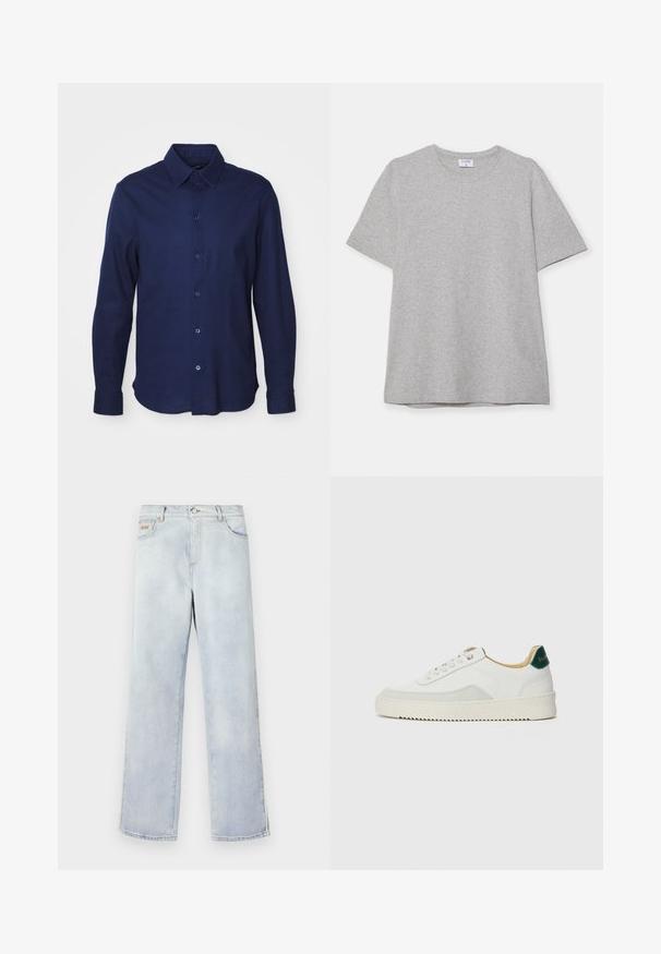 Langermet skjorte i mørk marinefarge, laget av myk stoff. Har klassisk krage, knappestolpe foran og avrundet nederkant.; Grå kortermet T-skjorte laget av myk, teksturert stoff. Har en klassisk rund hals og en rett kant, passende for uformell bruk.; Lyseblå denimjeans med rett ben-design, med knappelukking, fem lommer og kontrastsøm.; Hvit sneakers med semsket detaljer, rund tå, flate snøringer og en kremfarget gummisåle. Har grønn merking på hælen.