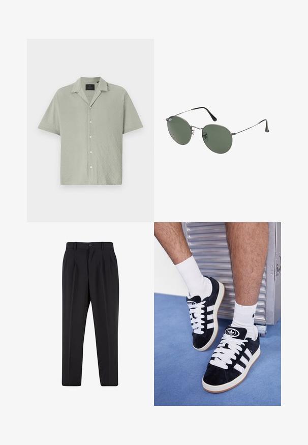 Kratek rokav s sponkami v svetlo zeleni barvi, teksturirana tkanina z diamantskim vzorcem, z odstranjenim ovratnikom in sprednjim zapiranjem na gumbe.; Bela bombažna majica s kratkimi rokavi, okroglim izrezom, sproščenim krojem in brez vidnih logotipov ali vzorcev. Gladka tekstura in minimalen dizajn.; Črne hlače z nabranim sprednjim delom, narejene iz gladkega materiala. Imajo gumbasto zapiranje in zanke za pas; ravne hlačnice.; Črne semiš teniske z belimi vezalkami in tremi belimi črtami. Imajo okroglo črno oznako na jezičku in gumijast podplat.; Sončna očala z ovalnimi zelenimi lečami v kovinskem okvirju. Tanjši srebrni kovinski okvir in črne ušesne konice. Minimalistična zasnova, brez vidnih logotipov.
