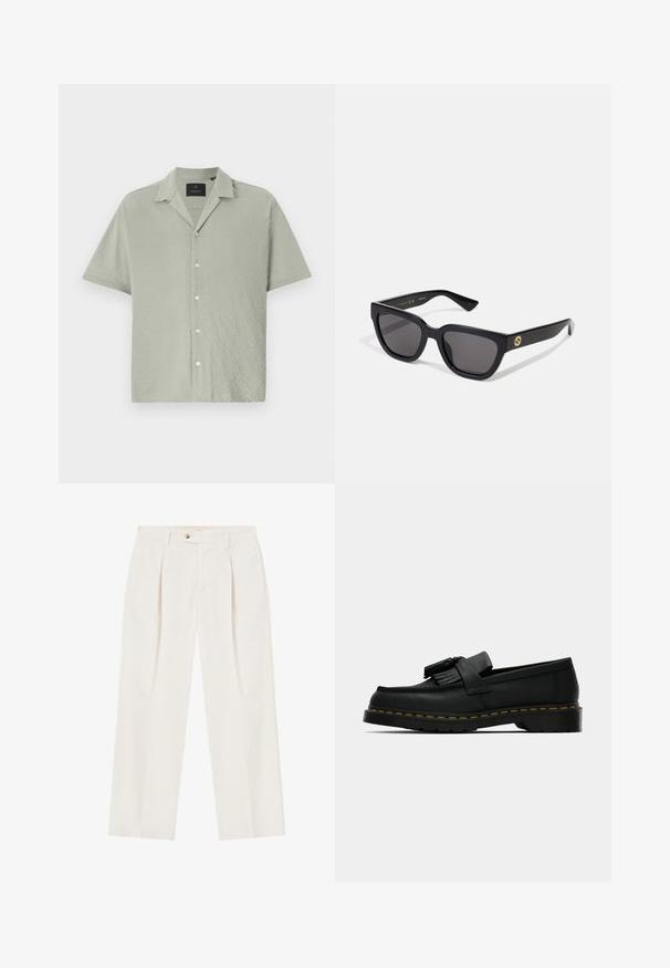 Short-sleeve button-up shirt in light green, textured fabric with a diamond pattern, featuring a notched collar and front button closure.; White, wide-leg trousers with pleats at the front, a single button closure, and side pockets. Smooth texture and tailored design.; Black leather loafer with tassels, yellow stitching along the sole, and a thick, ridged rubber outsole.; Black rectangular sunglasses with a glossy finish, dark lenses, and gold hardware accent on the temple featuring the logo.