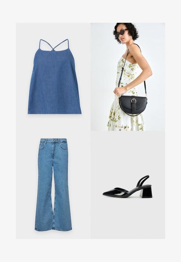 Mørkeblå denim ermeløs topp. Har tynne stropper, løs passform og rett nederkant. Glatt tekstur med en svak glans.; Lyseblå vide jeans laget av denim, med høyt liv, fem lommer og en enkelt knappelukking. Myk tekstur med falmet finish.; Svarte patentlær slingback hæler med spiss tå og geometrisk blokk hæl. Har et stilrent, minimalistisk design og jevn tekstur.; Svart lærveske med en buet form, avtagbar stropp og gullbeslag. Vesken har et klaff med spenne-detall.