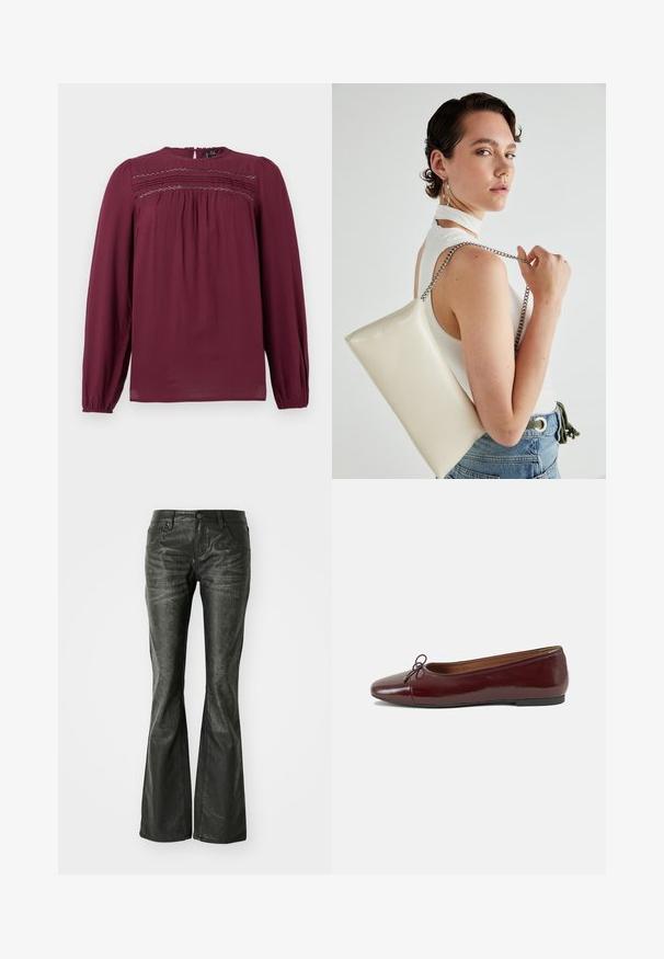 Bluză burgundy cu mâneci lungi, guler rotund și detalii pliate la nivelul pieptului. Material neted cu textură subtilă și drapare moale.; Jeans din piele ecologică negri, cu buzunare frontale, închidere cu buton metalic și o suprafață ușor texturată. Croială dreaptă cu tăiere lungă.; Balerini din piele patent burgund cu vârful rotund, accent de fundiță mică în față și talpă joasă din cauciuc negru. Textură netedă.; Geantă de clutch rectangulară albă, realizată dintr-un material lucios, având o curea de lanț argintie. Modelul pozează, evidențiind geanta pe un fundal simplu.