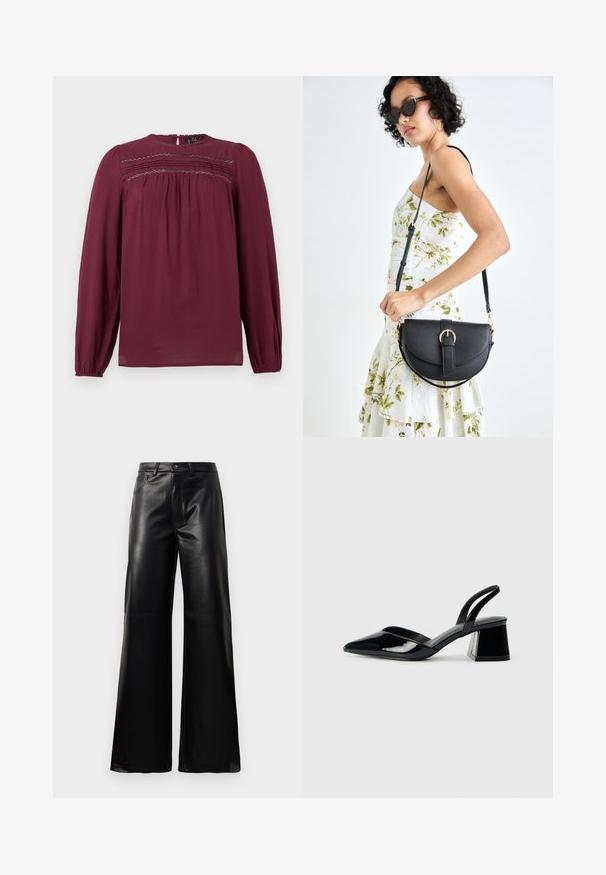Burgundia-paitapusero pitkille hihoille, pyöreällä pääntiellä ja rypytetyllä yksityiskohdalla rinnassa. Sujuva kangas hienovaraisella tekstuurilla ja pehmeällä roikkuvalla notkeudella.; Mustat korkeat leveät keinonahkahousut, joissa on etupainike, vetoketjukiinnitys, vyölenkit ja sivutaskut valkoista taustaa vasten.; Mustat patentoitu nahkakengät, joissa on säären takaosa ja terävä kärki, sekä geometrinen palikkakorko. Sisältää tyylikkään, minimalistisen muotoilun ja sileän pinnan.; Musta nahkainen käsilaukku, joka on kaareva muotoilultaan, irrotettavalla hihnalla ja kultaisilla yksityiskohdilla. Laukussa on läppä, jossa on solk yksityiskohta.