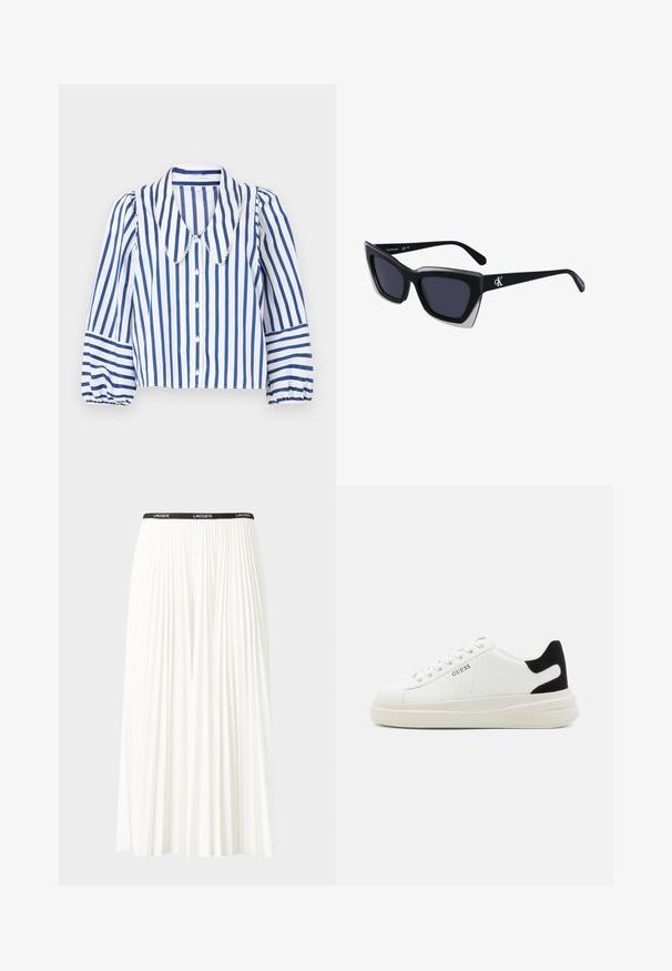 Zila un baltā joslota krekls, kas izgatavots no viegla auduma, ar lielu apkakli, pogu priekšpusi un pūkainām piedurknēm ar savērptiem aproces galiem.; Gari plānas baltas svārku ar melnu elastīgu jostu, uz kuras redzams "LACOSTE" logo. Vidēja garuma dizains ar mīkstu tekstūru.; Baltas ādas sporta apavi ar biezu balto zoli, melna zamša uzpura un izspiestais logotips sānos. Šņorējuma dizains ar sešiem acu caurumiem.; Melni pārmēru saulesbrilles ar ģeometrisku formu, kas aprīkotas ar tumšiem stikliem un kontrastējošu pelēku akcentu uz rāmja. Logo uz kājas.