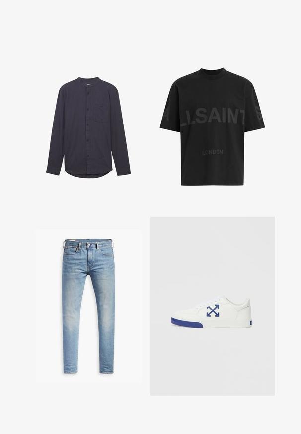 Mørkeblå langærmet skjorte med båndkrave, frontåbning med knapper, brystlomme og struktureret stof. Har en buet kant.; Sort oversized T-shirt med mørkegrå "ALLSAINTS" tekst på tværs af brystet og "LONDON" i mindre bogstaver nedenfor.; Lyseblå slim-fit jeans med let slid på lårene, frontlukning med knap, bæltestropper og fem lomme-design på en hvid baggrund.; Hvid sneaker med tekstureret overflade, blå accenter på tåen og logoet, snørelukning og en flad gummisål.