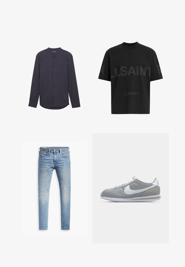 Tummansininen pitkähihainen paita, jossa on bändikaulus, etunapit, rintatasku ja teksturoitu kangas. Sisältää kaarevan helmuksen.; Mustat ylisuuret T-paidat, joissa on tummanharmaa "ALLSAINTS" -teksti rinnassa ja "LONDON" pienemmillä kirjaimilla alapuolella.; Vaaleansiniset slim fit -farkut, joissa on hieman haalistumista reiden kohdalla, edessä nappisuljenta, vyölenkit ja viisi taskua valkoista taustaa vasten.; Harmaa urheilujalkine, jossa on mokka- ja tekstiilipäällinen, valkoinen Nike-tikkukiinnitys ja valkoiset nauhat. Varusteena on kuvioitu kumipohja ja pehmustettu nilkkaosa.