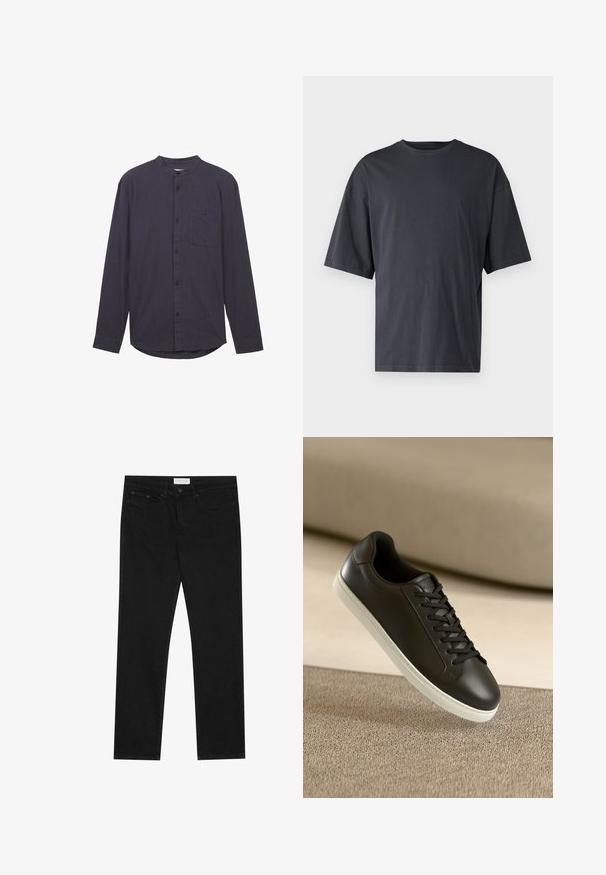 Dunkelblaues Langarmhemd mit Stehkragen, vorderem Knopfverschluss, einer Brusttasche und einem strukturierten Stoff. Verfügt über einen abgerundeten Saum.; Dunkelgraues Kurzarm-T-Shirt aus leichtem Baumwollmaterial, mit lockerer Passform und klassischem Rundhalsausschnitt, in einfarbigem Design ohne Muster.; Schwarze gerade Jeans mit Fünf-Taschen-Design, Knopf- und Reißverschluss, und einem Pier One-Label am Bund.; Schwarzer Ledersneaker mit weißer Gummisohle und schwarzen Schnürsenkeln, platziert auf einer beigen Stoffoberfläche und im Hintergrund.
