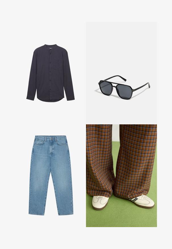 Donker marineblauw hemd met lange mouwen, een bandkraag, sluiting met knopen aan de voorkant, een borstzak en een getextureerde stof. Bevat een gebogen zoom.; Lichtblauwe denim wijde jeans met een hoge taille, voorzien van vijf zakken, riemlusjes en een zachte, licht vervaagde textuur.; Bruine en blauwe geruite wijde broek, gecombineerd met witte schoenen met zwarte accenten en een gestructureerde zool, gezet tegen een groene achtergrond.; Zwarte zonnebril met een octagonaal frame, donkere lenzen, glanzende afwerking, dunne tempels en gouden accenten aan de voorkant.
