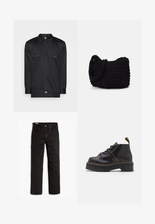 Maglietta nera a maniche lunghe realizzata in tessuto liscio, con chiusura a bottoni, due tasche sul petto e un logo sull'orlo.; Jeans in denim neri a gamba dritta con cinque tasche, chiusura a bottone e passanti per cintura, adagiati su uno sfondo bianco.; Stivaletti neri alla caviglia con suola spessa e scanalata, cuciture gialle a contrasto e una linguetta sul tallone. Materiale in pelle liscia.; Borsa in tessuto nero con un motivo trapuntato e texture. Forma arrotondata, manici corti e spessi, e una struttura morbida e flessibile.
