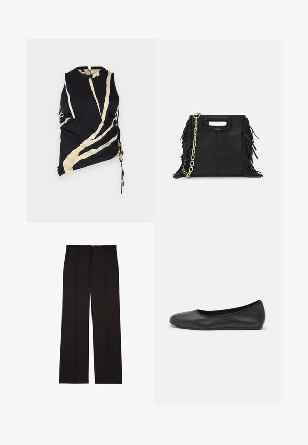 Juodas be rankovių viršus su kreminėmis įstrižinėmis juostomis. Pabrėžia šoninius susiraukšlinimus ir aukštą apykaklę. Lengvas audinys su lygiu paviršiumi.; Juodos pritaikytos kelnės, pagamintos iš lygaus audinio, su tiesiomis kojomis ir dviem šoniniais kišenėmis. Elegantiška ir minimalistinė konstrukcija.; Juodai odiniai baletai su apvaliu pirštu, lygi texture, minimalus siuvimo detales ir lanksčiu padų dizainu.; Juodas odinis rankų darbo rankinys su frinzuotomis detalėmis, auksine grandinės petneša ir išpjauto dizaino rankena. Pirmoje pusėje yra logotipo vieta.