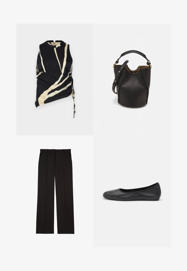 Musta hihaton toppi, jossa on kermaiset viistot raidat. Sisältää sivusaumoja ja korkean kaula-aukon. Kevyt kangas, jolla on sileä pinta.; Mustat räätälöidyt housut, jotka on valmistettu sileästä kankaasta. Housuissa on suora lahje ja kaksi sivutaskua. Elegantti ja minimalistinen rakenne.; Musta nahkainen ballerina, jossa on pyöristetty kärki, sileä pinta, minimaalinen ommelkoristelu ja joustava pohjamuotoilu.; Mustan nahka-buckettikassi, jossa on teksturoitu pinta, kultaiset metalliosat ja avoin yläosa. Ominaisuuksiin kuuluu lyhyt kahva ja säädettävä olkahihna.