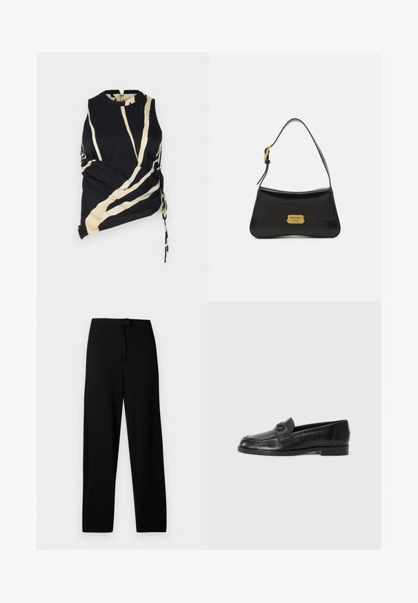 Czarna bluzka bez rękawów z kremowymi ukośnymi paskami. Zawiera marszczenia po bokach oraz wysoki dekolt. Wykonana z lekkiego materiału o gładkiej teksturze.; Czarne spodnie o szerokich nogawkach, wykonane z miękkiego, elastycznego materiału. Posiadają gładki pas i brak widocznych szwów oraz kieszeni. Prosty i uniwersalny design.; Czarne skórzane loafersy z gładką cholewką, wytłaczanym wzorem liniowym oraz dekoracyjnym zapięciem w przedniej części. Niski, blokowy obcas.; Czarna skórzana torebka o zakrzywionym kształcie, z akcentem w postaci złotej płytki z logo oraz cienkim paskiem na ramię. Gładka faktura z eleganckim wykończeniem.