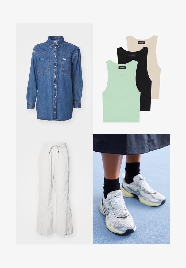 Denim shirt in dark blue, with long sleeves, button-down front, two chest pockets, and contrasting stitching. Classic western style.; Three tank tops in mint green, black, and beige; made of ribbed fabric with a round neckline and no sleeves. Brand label visible.; Light grey cargo pants made of textured fabric, featuring an elastic waistband with drawstring, side pockets, and zippers at the ankles.; White and silver Nike sneakers with mesh fabric, reflective accents, and a beige sole. Worn with black socks, standing on a blue surface.