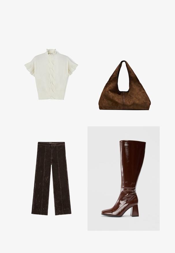 Biały sweter krótki rękaw z dzianiny w warkocze, z falbaną pod szyją i prążkowanym wykończeniem. Miękka tekstura, gładkie wykończenie oraz charakterystyczny wzór w tkaniu wzdłuż środka.; Spodnie o szerokich nogawkach w ciemnym brązie, z teksturą przypominającą zamsz, z pionowymi szwami oraz elastycznym pasem dla wygody.; Brązowe, lakierowane botki do kolan z kwadratowym noskiem, błyszczącym wykończeniem i masywnym obcasem dla lepszej stabilności. Bezszwowy design bez widocznych detali.; Brązowa zamszowa torba na ramię z otwartą górą. Posiada głęboką, szeroką konstrukcję, uchwyt wycięty oraz minimalne przeszycia dla czystego designu.