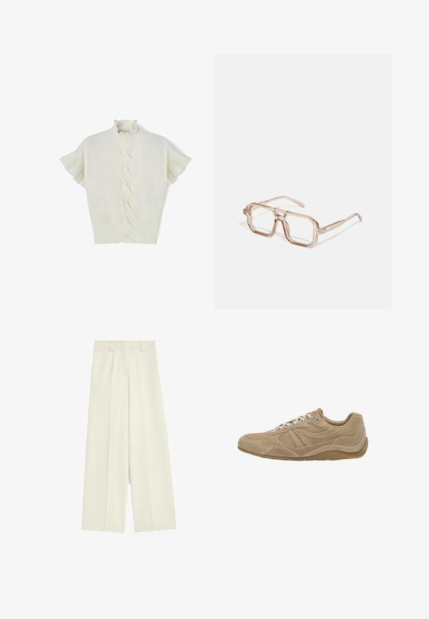 White cable-knit short-sleeve sweater with a ruffled mock neck and ribbed hem. Soft texture, smooth finish, and distinctive woven pattern down the center.; Wide-leg trousers in off-white fabric, featuring a smooth texture, front pleats, and a straight cut from waist to hem.; Beige suede sneaker with a low profile, textured surface, and white laces. Features a curved design and a rubber sole for grip.; Transparent hexagonal eyeglasses with light brown tones; thick, clear frames and slender arms; no visible logos or patterns.; Silk square scarf in light beige with a geometric pattern featuring repeated "BOSS" and price tags in white. Edges are neatly finished.; Tan leather handbag with double handles and a detachable shoulder strap. Features a gold-tone clasp and textured surface.