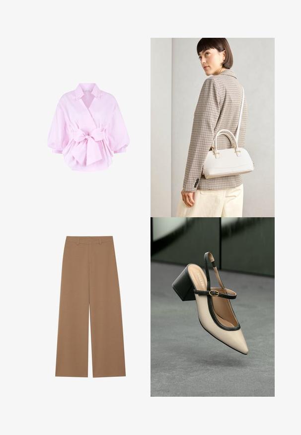 Blusa de algodón rosa con diseño de envoltura, mangas anchas y un lazo delantero. Presenta un cuello y una textura suave.; Pantalones de pierna ancha en un color marrón sólido, fabricados con una tela texturizada; presentan una cintura alta y un diseño estructurado con lazos para cinturón.; Zapato slingback de punta beige con ribete negro, hebilla dorada y un tacón cuadrado grueso sobre un suelo gris con fondo verde oscuro.; Bolso estructurado blanco con asas cortas y una correa para el hombro, que presenta detalles en dorado y material texturizado, exhibido sobre un fondo gris.; Diadema acolchada crema con diseño trenzado, acompañada de una camiseta de rayas beige y blanca con cuello redondo. Sutiles acentos de joyería.