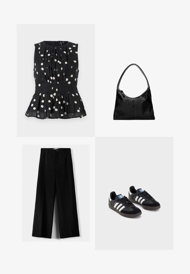 Top negru fără mâneci cu buline albe, având un design pliat și o margine peplum. Țesătura pare ușoară și texturată. Închidere cu fermoar la spate.; Pantaloni negri cu picior larg, fabricați dintr-un material ușor, cu închidere frontală cu nasture și față plată, având tivuri cusute cu atenție.; Tenisi negri cu superior din suede și sintetic, având trei dungi albe, talpă din cauciuc texturat și etichetă albastră cu logo pe limbă.; Geantă de umăr din piele neagră cu o textură netedă, un vârf curbat și o singură curea. Dispune de un sistem de închidere prin fermoar și un design minimalist.