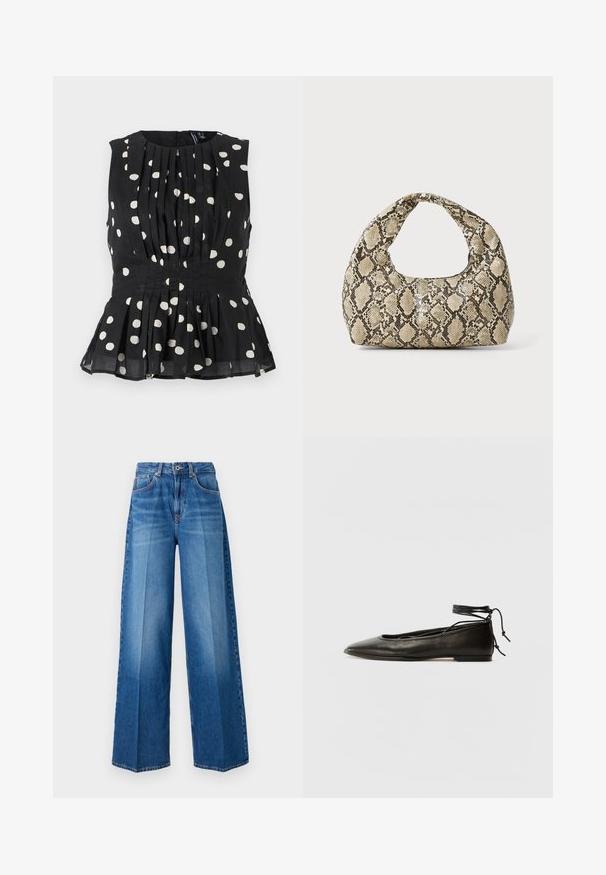 Top senza maniche nero con pois bianchi, caratterizzato da un design plissettato e orlo a peplo. Il tessuto sembra leggero e testurizzato. Chiusura con zip sul retro.; Jeans in denim a gamba larga in un lavaggio blu medio, con un classico design a cinque tasche, passanti per cintura e chiusura con zip.; Ballerine in pelle nera con punta affusolata, laccio alla caviglia e suola piatta, caratterizzate da una texture liscia e un design minimalista.; Borsa a stampa rettile con manico curvo. Realizzata in materiali testurizzati beige e marroni, presenta un distintivo motivo a rombi.
