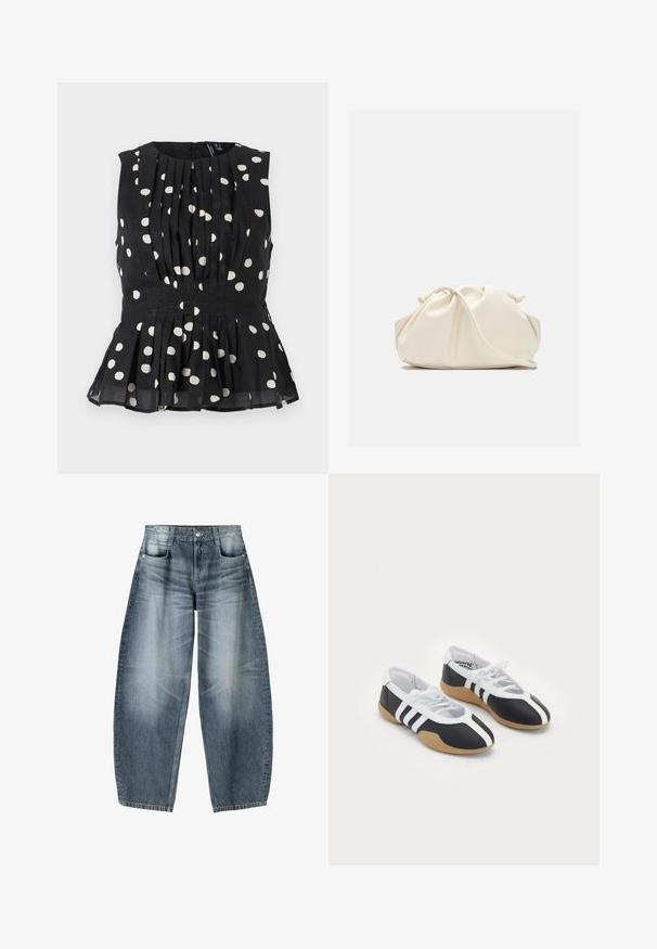 Schwarzes ärmelloses Oberteil mit weißen gepunkteten Mustern, das ein gef pleated Design und einen Peplumsaum aufweist. Der Stoff wirkt leicht und strukturiert. Mit Reißverschluss auf der Rückseite.; Weite Jeans aus hellblauem Denim mit Ausbleichungen, im fünf-Taschen-Design, mit Knopfverschluss und minimalen Nähtelementen.; Schwarz-weiße Sportschuhe mit einem eleganten Design, Gummisohle, Schnürverschluss und drei weißen Streifen an den Seiten.; Cremfarbener, weicher Kunstlederbeutel mit gerafftem Design, verstellbarem Schultergurt und subtiler Kordelzug-Verschluss. Glatte Textur und runde Form.