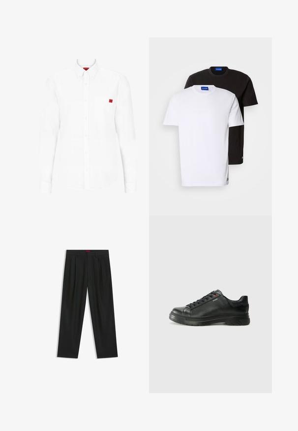 Langärmliges weißes Hemd aus Baumwolle, mit einem Button-Down-Kragen, einer Brusttasche und einem kleinen roten Logo-Patch auf der Brust.; Zwei übereinander gestapelte T-Shirts: eines weiß und eines schwarz. Kurze Ärmel, runde Ausschnitte, aus Baumwollstoff. Mit einem kleinen blauen Logo am Ausschnitt.; Schwarze Hose mit einem gefältelten Design, weiter Beinform und glatter Textur. Verfügt über ein rotes Taillenlabel.; Schwarze Leder-Sneaker mit strukturiertem Obermaterial, gepolstertem Kragen und rotem Logo-Detail. Verfügt über eine dicke Gummisohle mit markantem Profil.