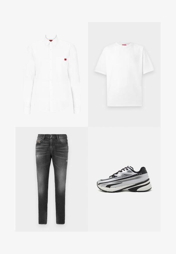 Langärmliges weißes Hemd aus Baumwolle, mit einem Button-Down-Kragen, einer Brusttasche und einem kleinen roten Logo-Patch auf der Brust.; Weißes Baumwoll-T-Shirt mit Rundhalsausschnitt und kurzen Ärmeln. Verfügt über ein dezentes Logo auf der Vorderseite und ein rotes Etikett am Ausschnitt.; Graue Denim-Jeans mit schlankem Schnitt, die über leicht abgewetzte Bereiche, distressed Details und einen traditionellen Knopfverschluss verfügen.; Laufschuh mit einem silbernen Mesh-Obermaterial, schwarzen Akzenten und weißer Sohle. Verfügt über ein strukturiertes Design und schwarze Schnürsenkel. Leicht und gepolstert.