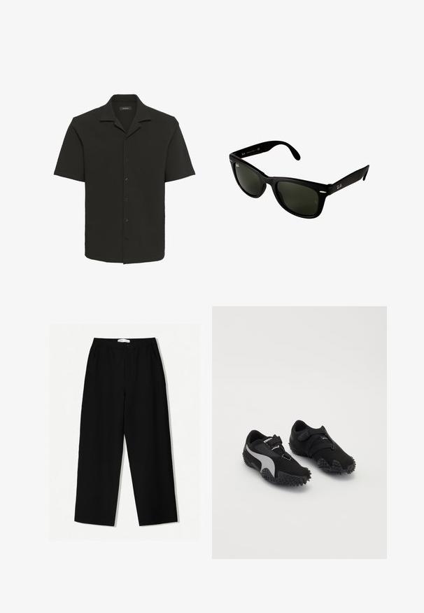 Mustat lyhyet hihat -paita, jossa on teksturoitu kangas, nappikiinnitys ja viisti kaulus; siinä on rento istuvuus ja suora helma.; Mustat leveät housut, joissa on teksturoitu kangas. Ne ovat varustettu elastisella vyötäröllä ja sivutaskuilla. Yksinkertainen, minimalistinen muotoilu ilman koristeita.; Mustat urheilukengät, joissa on teksturoitu pohja, ovat tyylikkään muotoisia ja harmaalla aksenttisuunnittelulla varustettuja; niissä on turvallinen kiinnitysremmi ja nauhakiinnitys.; Mustikka muoviset aurinkolasit tummilla vihreillä linsseillä. Neliömäinen kehysornamentti, jossa on hopeiset yksityiskohdat ja kohokuvioitu logo ohjaimessa.; Musta nahkainen olkalaukku, jossa on pehmeä ja sileä pinta, kaareva suuosa ja pyöristetty pohja, esiteltynä vaaleiden housujen kanssa.; Hopea metallinen rannekello, jossa on neliön muotoinen kuori, valkoinen näyttö, roomalaiset numerot ja hopeinen linkkiranneke. Sisältää vedenkestävän rakenteen.