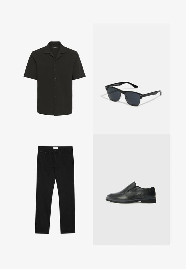 Īsām piedurknēm melna krekla ar teksturētu audumu, pogu aizdari un izgrieztu apkakli; īpašības ietver brīvu piegriezumu un taisnu apakšmalu.; Melni taisnie džinsi ar piecu kabatu dizainu, pogu un rāvējslēdzēja aizdari, un Pier One zīmola uzlīmi uz jostasvietas.; Melnas ādas slip-on kurpes ar gludu augšdaļu, izšūtām akcentiem, noapaļotu purngala daļu un zemu gumijas papēdi. Zole ar minimālu rakstu.; Melnas saulesbrilles ar taisnstūra formu, tumšiem stenģiem, sudraba akcentiem pie tempļiem un matētu apdari uz rāmja.