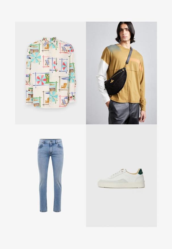 Short-sleeve button-up shirt in lightweight fabric, featuring a colorful beach scene print with umbrellas, chairs, and sunbathers.; Gray short-sleeve T-shirt made from soft, textured fabric. Features a classic crew neck and a straight hem, suitable for casual wear.; Light blue denim jeans with a slim fit, five pockets, and a straight leg design. Features a zipper fly and belt loops. Soft texture.; White sneaker with suede accents, rounded toe, flat laces, and a cream rubber sole. Features green branding on the heel.; Vivienne Westwood CITY BUMBAG UNISEX - Bum bag - black